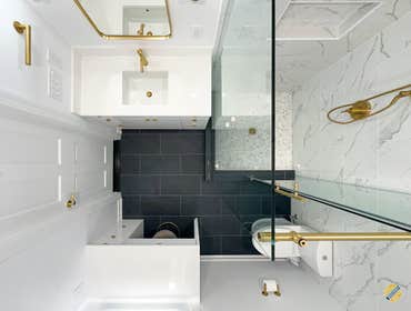Accentuated Bathroom We recently upgraded an old bathroom by incorporating dark accents - a mix of Dark Mosaic and Hexagon Mosaic Tile on the shower fl