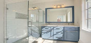 guest bath blue cabinets