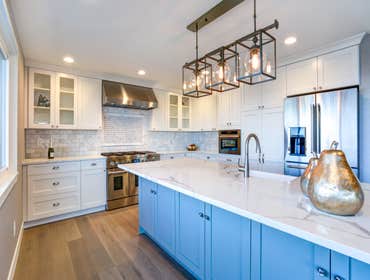 Turquoise Kitchen Island with Farmhouse Sink | Transitional Kitchen Remodel | Malibu, CA
