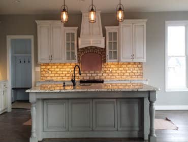 Custom kitchen Forest Va Custom kitchen paint Designer White with Pewter glaze finish. Island painted Everclassic with Black glaze finish. Custom in ho