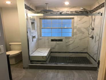 Photos by Unbeatable Electric #1 Complete bathroom remodel. Installed radiant floor heat, blue tooth speaker system with night light and regular light.