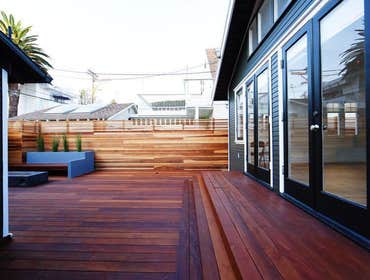 Wood decks with benches and planters