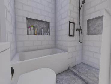 Los Angeles Bathroom Remodel and Hardscaping 3D design rendering, complete bathroom remodel, hardscape in backyard, and new glass shower door for guest