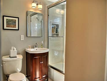 Project photos from Johnson Construction And Restoration LLC Small bathroom remodel before and after, with white subway tile shower, with marble and gl