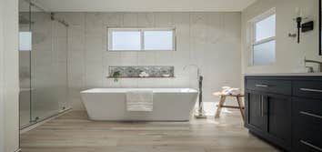 Photos by Cj Builders #2 Remodeled a 1950's Master bathroom. Scope was to enlarge, update and give a wow factor this master bathroom. We removed walls