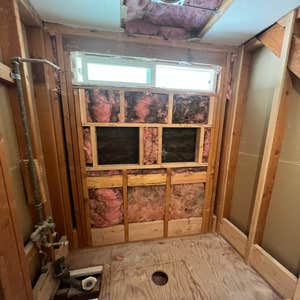 Cheswold Lane Master Shower Remodel Demo existing tub shower, relocate drain, hotmop shower pan, paper, lath, scratch, brown shower, tile shower...