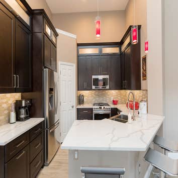 Kitchen | Modern Espresso Colored Cabinets | Glass Mosaic Tile & Quartz Marble Kitchen | Modern Espresso Colored Cabinets | Glass Mosaic Tile & Quartz 
