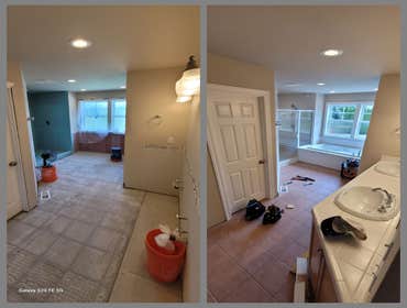 Master bathroom remodel. New tile floor, Tile shower, Tile wall rap around new Stand alone tub, Plumbing, Fixtures, Vanity With undermount sink, Lighti
