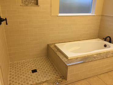 bathroom remodel Dal-Tile products
and countertops we did in clear lake