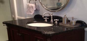 My Project Matthews guest bath remodel. Ubatuba with customized back splash and beveled edge around sink.