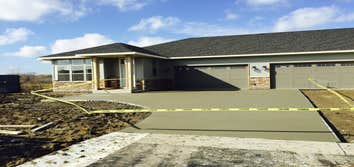 Driveways All Driveways are Poured 4-5" thick with micro fiber-mesh and rebar 3-4 ft on center. We use Cemstone concrete with a 1/2 Rock and 1/2 grani