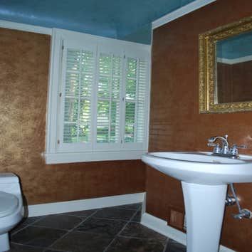 Brookside Small hall bathroom needed a bit more light. We added a metallic faux finish to the ceiling and walls to give it the look of textures and ad
