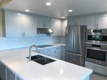 Netherby Kitchen Complete kitchen remodel, new custom cabinets, quartz countertops + matching backsplash, recessed lighting, tile floor