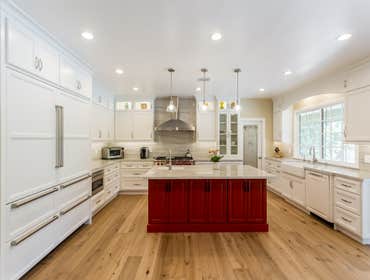 Kitchen remodeling. Our process starts with 3D deign and it gives our clients the right vision. Our client choose white cabinets, and red cabinets for 