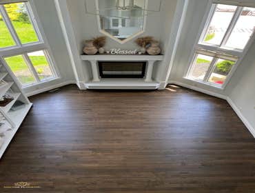 Sand & Finish - Ebony color Amazing work by our team and it really shows! Refinished Red Oak stained Ebony by Duraseal wood finishes and finished with 