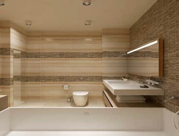 Modern bathroom renovation, using neutral colors and 2 types of different tiles for design