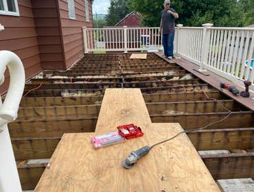 Photos by Prestige Costruction and Renovations Corp #19 Deck was bowing, Joists under deck were weathered and needed replacing