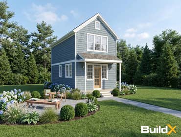 X-8 The Garden House The Garden House ADU features 900 GFA in a compact 18′×27′ two-story footprint, offering 2 bedrooms, 1.5 baths, and a Farmer's Por
