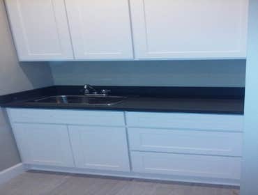 Quartz slab top.