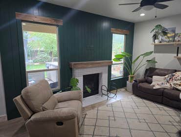 Shiplap Wall and Fireplace Surround Renovation - Meridian ID Demolition of existing dated fireplace.
Construction of custom tiled fireplace surround an