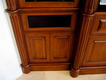 P S Woodworking Project Custom built-in arched Cherry media center with fluted columns and speakers integrated into doors & drawer fronts. Designed & h