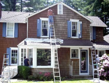 Project 1, building a basement with a powder room, Project 2, restoration of ceder shingles & shutters Framing over concrete, installing electric ligh