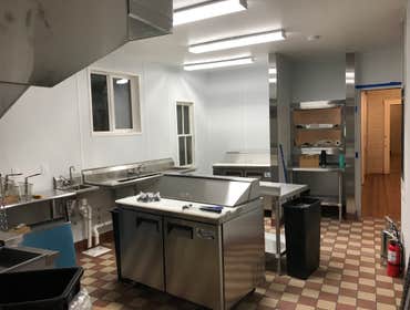 Commercial Kitchen Custom tile installation, Install FRP on walls. Stainless steel shelves.