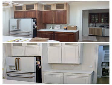 Kitchen Cabinet Refinishing/Painting We refinished the kitchen cabinets at 426 Highland Bluff from dark wood to a clean white finish. The work included
