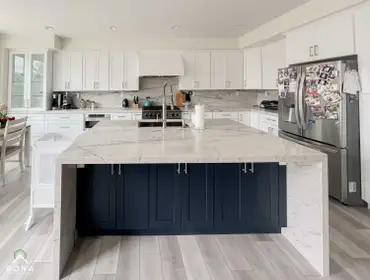 Porter Ranch Kitchen Remodel We turned this Porter Ranch kitchen into your elegant, modern haven! Imagine white cabinets with silver handles, paired wi