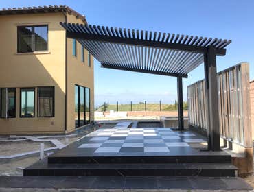 4K Aluminum Cantilever Lattice Pergola in Espresso color.