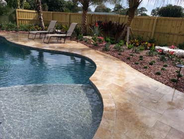 Pool Deck Installation French Patern marble pavers