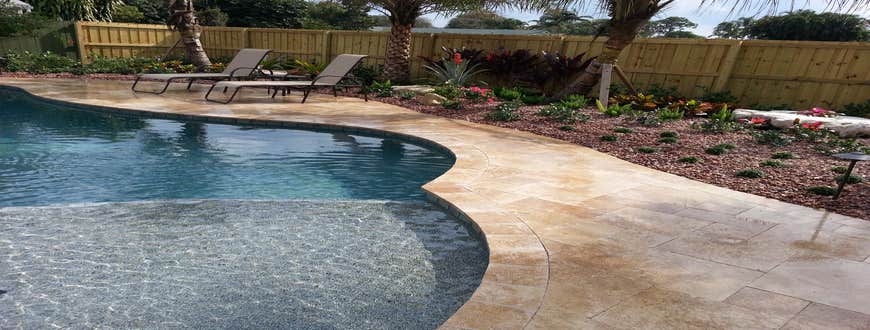 Pool Deck Installation French Patern marble pavers
