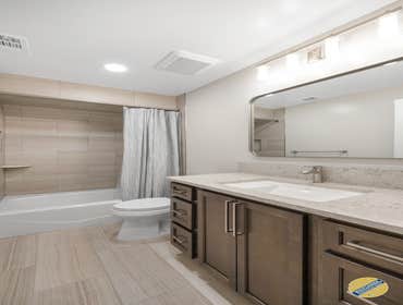 Desert Bathroom Today we have a beautiful bathroom we completed with a desert inspired tan color scheme! The lighter colors open up the space, while th