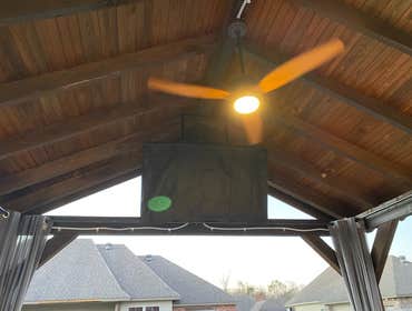 Photos by Dupont Technical Services #1 Kazeebo power. W fan added, motorized TV ceiling mount w 5 receptacles. And recess outdoor lighting.