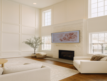 Two-Story Custom Millwork Wall & Stone Fireplace in High-End NJ Living Room Renovation