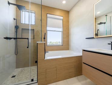 Redwood City Bathroom Remodel Bathroom remodel ,second floor, Undermount tub, Wood tile wall- as accent wall, Floating vanity, custom made, countertop