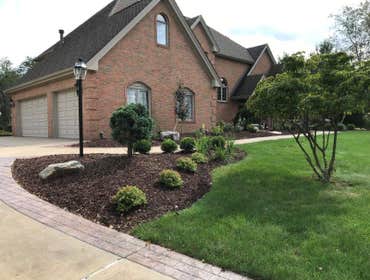 Job in Murrysville, PA Full redesign with 2 existing birch trees in center yard bed.