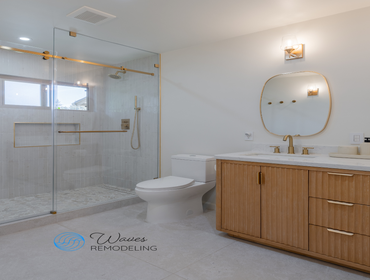 ✨ Concord Bathroom Remodel Reveal ✨ This bathroom transformation in Concord is all about modern elegance and timeless comfort. From the warm wood vanit