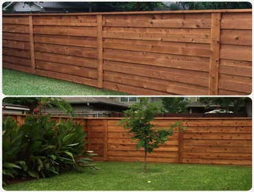 Horizontal Fence 186 ln ft. 2x6 rot board, 2x6 cedar top cap, metal post, pecan stain,