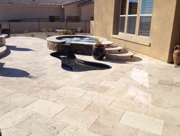 Reverse negative edge Travertine deck, spa, reverse negative edge play pool,