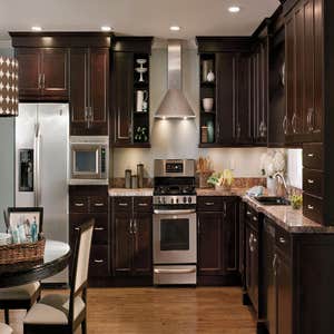 Walnut Brown Cabinets, Quartz Countertops