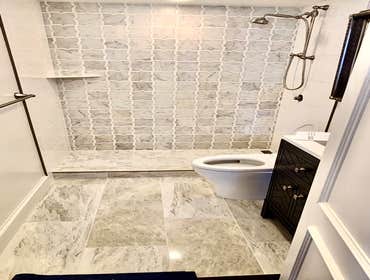 San Francisco Medium Sized Bath Remodel Custom shower, new vanity, new floor tiles, shower faucet, vanity faucet, new toilet. fresh paint & new ceiling
