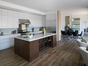 Tiburon house Install hardwood flooring throughout house - wide plank white oak with cured urethane finish