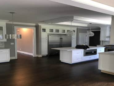 Photos by Nyvk #1 Custom build pearl white Inset kitchen cabinet with marble quartz counter top and marble back-splash