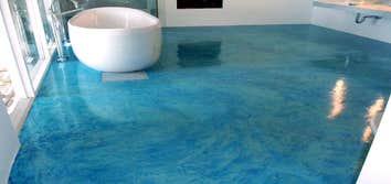 Sunset Blvd. Home remodel Spa/Bathroom Resurfaced custom micro topping with color. Prepped existing concrete floor, installed micro topping with a tur