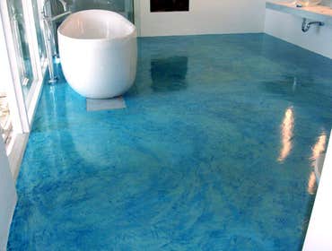 Sunset Blvd. Home remodel Spa/Bathroom Resurfaced custom micro topping with color. Prepped existing concrete floor, installed micro topping with a tur