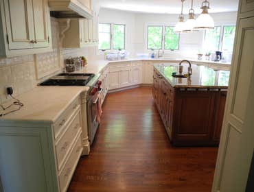 Kitchen Remodel; Central NJ A very large, High End Kitchen with mixed Cherry and White Cabinets. Granite center island and white Marble perimeter coun