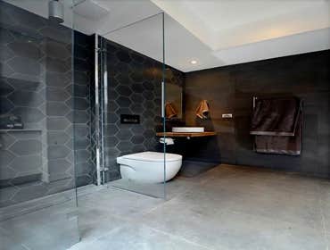Gorgeous black hexagon bathroom
