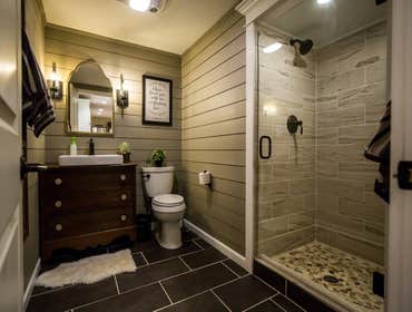 Basement remodel with STYLE! Once again our designer blew us out of the water with such creative and dynamic finishes for this warm & inviting basement