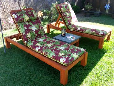 HANDMADE FURNITURES - Lounge Chairs with Side Table Douglas Fir legs and frame with redwood insert panels. Weatherproof (stained). Lounge chairs with l